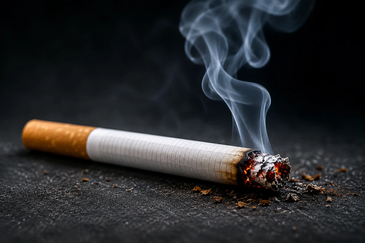 Cigarro tradicional: A combustão do tabaco libera fumaça com milhares de substâncias químicas, incluindo alcatrão e monóxido de carbono. O cigarro convencional segue sendo associado às maiores taxas de doenças ligadas ao tabagismo por Reprodução/IA generativa