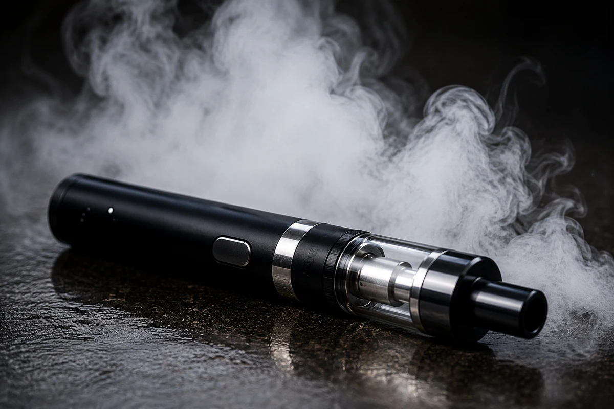 Cigarro eletrônico (vape): aquece um líquido que pode conter nicotina e aromatizantes, produzindo um aerossol inalado pelo usuário. Diferentemente do cigarro comum, não há queima do tabaco. por Reprodução/IA generativa
