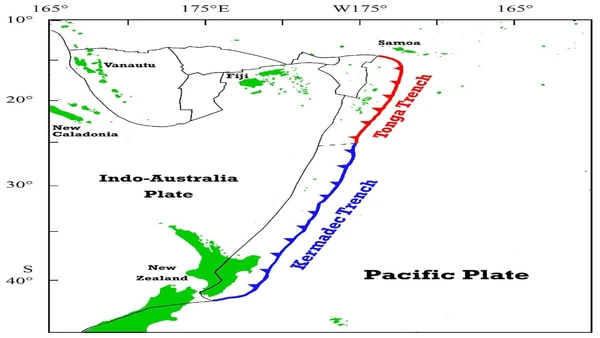 Nas fossas Tonga e Kermadec, a placa do Pacífico desliza sob a placa Indo-Australiana, formando uma das margens mais profundas e ativas do sudoeste do Pacífico por Nwbeeson / Wikimedia Commons