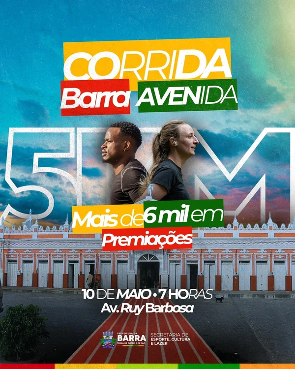 10 de maio - Corrida Barra Avenida - Município de Barra. Avenida Ruy Barbosa. Mais informações em: https://mssport.com.br/ms-evento/corrida-barra-avenida/ por Reprodução