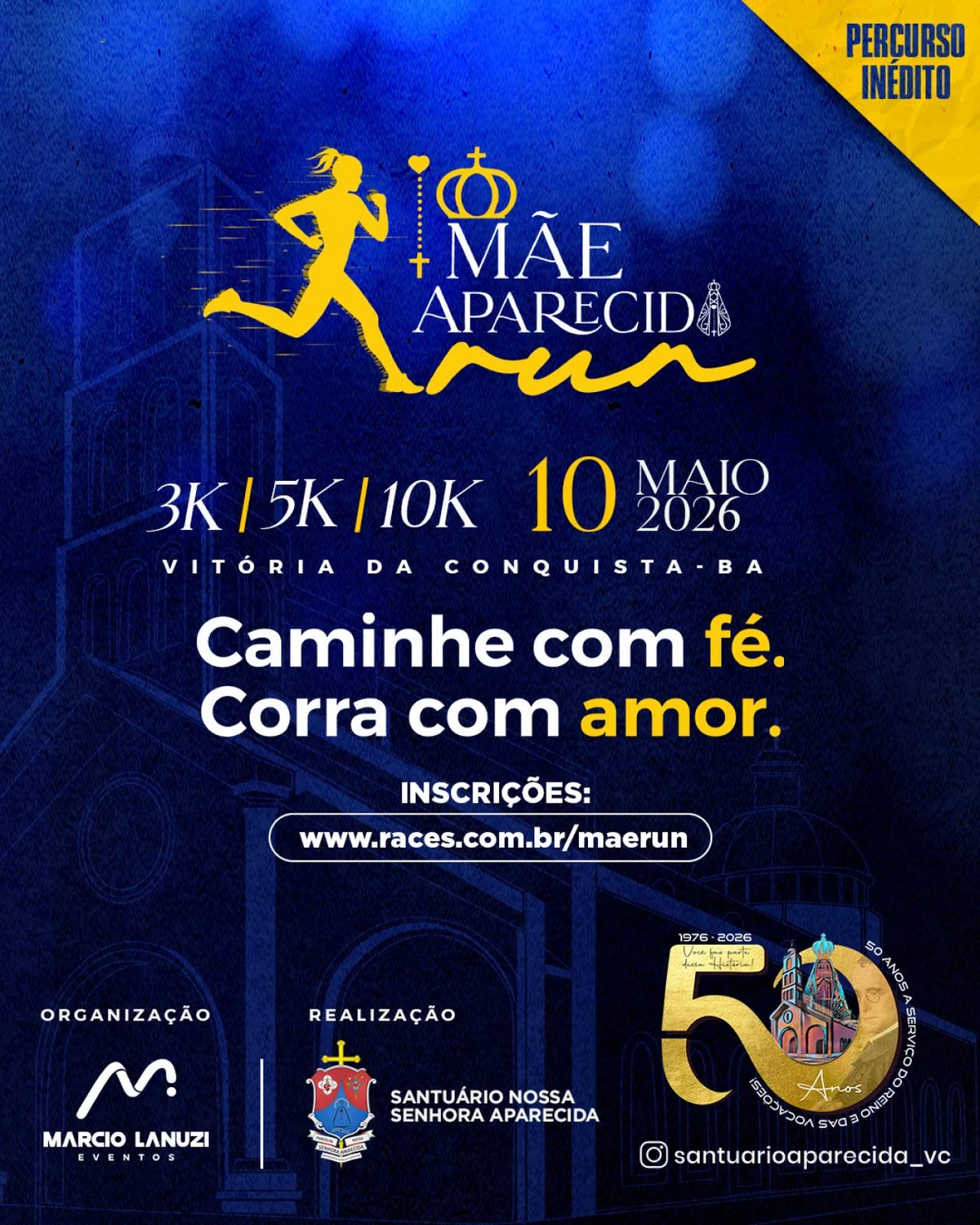10 de maio - Corrida Mãe Aparecida - Vitória da Conquista. Largada no Santuário Nossa Senhora Aparecida, no bairro Jurema. Mais informações em: https://www.races.com.br/maerun por Reprodução