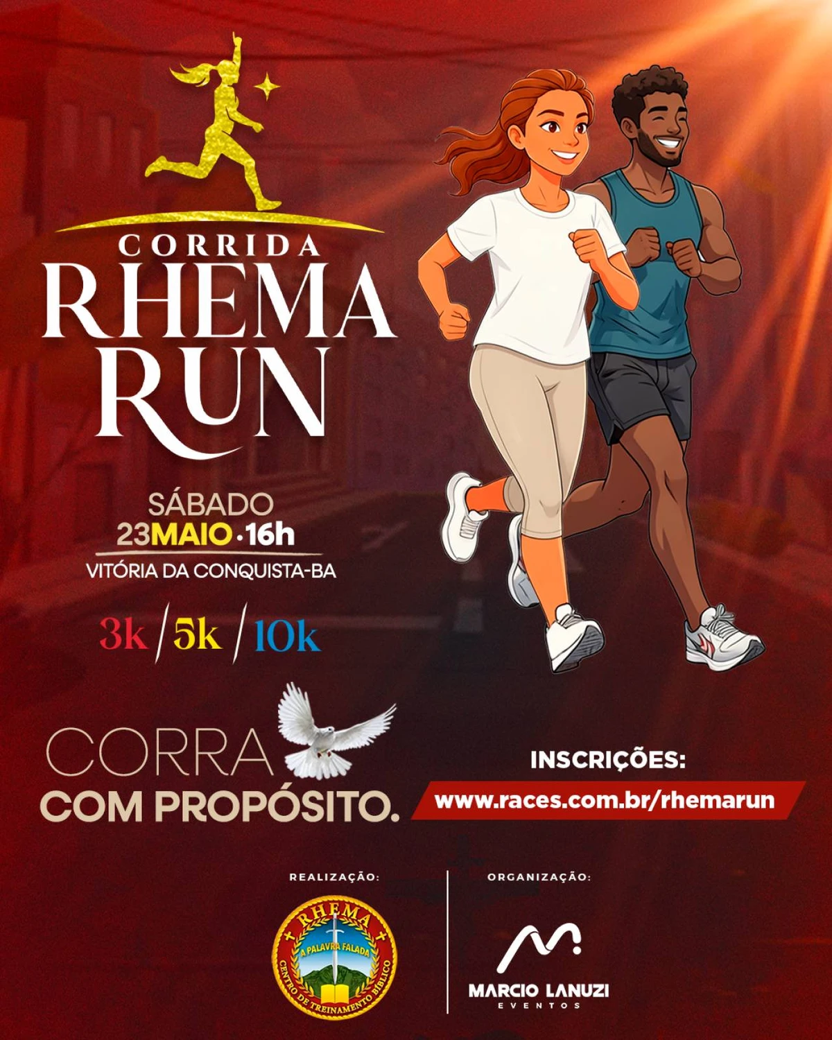 23 de maio - Rhema Run - Vitória da Conquista. Largada na Av. Olívia Flores, Bairro Candeias. Mais informações em: https://www.races.com.br/rhemarun#:~:text=Por%20isso%2C%20a%20Rhema%20Run,alegria%20para%20toda%20a%20comunidade. por Reprodução