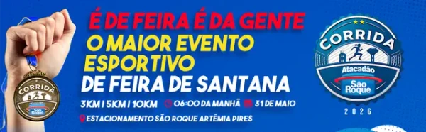 31 de maio - Corrida Atacadão São Roque - Feira de Santana. Local: clube de Campo Dona Maria - Noide Cerqueira. Mais informações em: https://www.ticketsports.com.br/e/corrida-sao-roque-2026-85713 por Reprodução