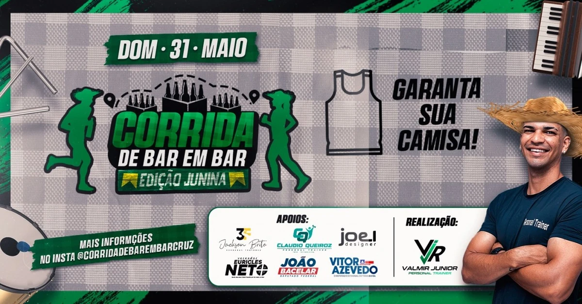 31 de maio - Corrida de Bar em Bar (edição junina) - Cruz das Almas. Largada: Avenida Crisógno Fernandes, Centro. Mais informações em: https://www.sympla.com.br/evento/corrida-de-bar-em-bar-edicao-junina/3334703?referrer=roadrunners.run&referrer=roadrunners.run por Reprodução