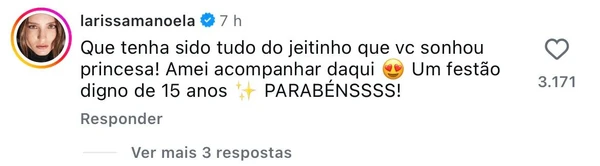 Comentário de Larissa Manoela na publicação de Maria Sophia