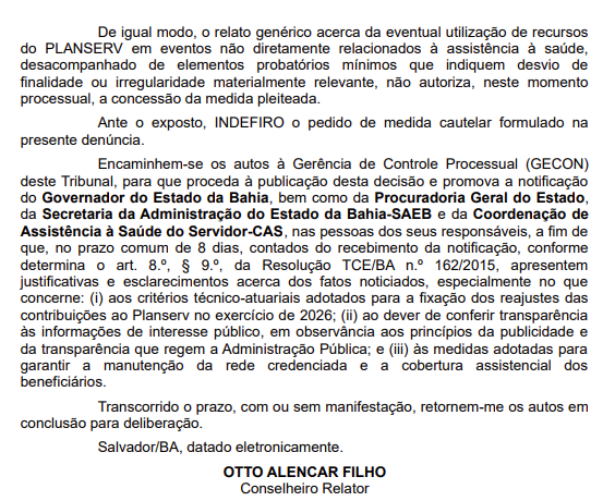 Relator solicita explicações sobre reajustes do Planserv por Reprodução/TCE