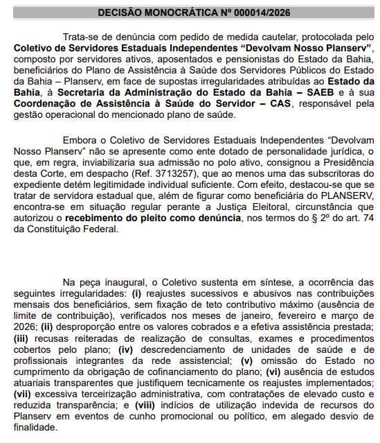 Relator solicita explicações sobre reajustes do Planserv por Reprodução/TCE