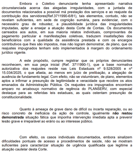 Relator solicita explicações sobre reajustes do Planserv por Reprodução/TCE