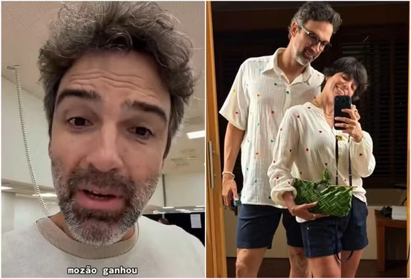 Férias de Tadeu Schmidt: Apresentador diverte a web com bolsa de folhas e visual despojado com a esposa 