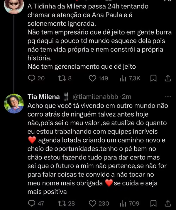 Milena rebateu comentário ofensivo nas redes sociais
