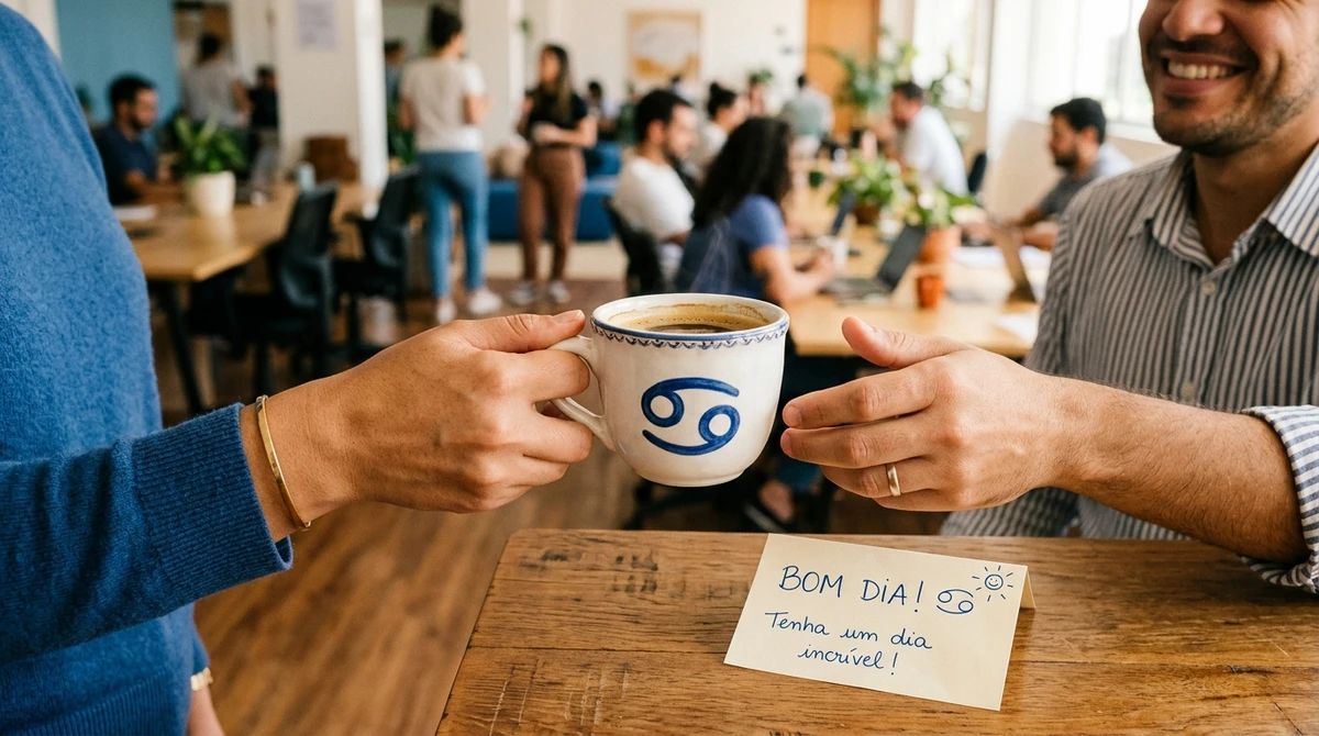A Habilidade em Ação: o cuidado e a empatia no trabalho. Câncer se preocupa com o bem-estar de seus colegas e cria um ambiente de apoio e colaboração. por Imagem gerada por IA