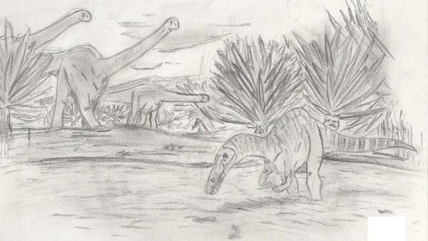 Ilustração representa dinossauros da Formação Sao Khua, no Cretáceo Inferior da Tailândia por Offy/Wikimedia Commons
