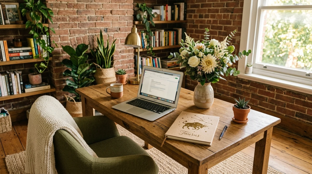 O Ambiente Ideal: estabilidade e conforto. O escritório de Touro é um refúgio de tranquilidade e organização, propício para a produtividade constante. por Imagem gerada por IA