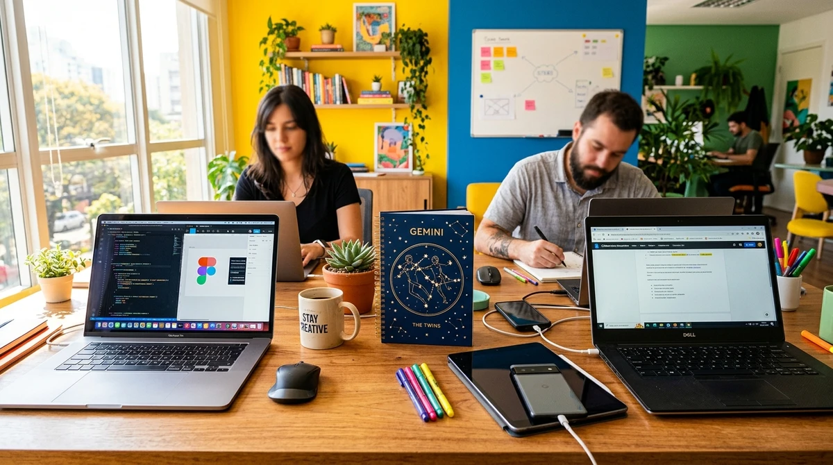 O Ambiente Ideal: um ambiente de ideias e conexões. O escritório de Gêmeos é um espaço dinâmico, propício para a troca de informações e a criatividade. por Imagem gerada por IA