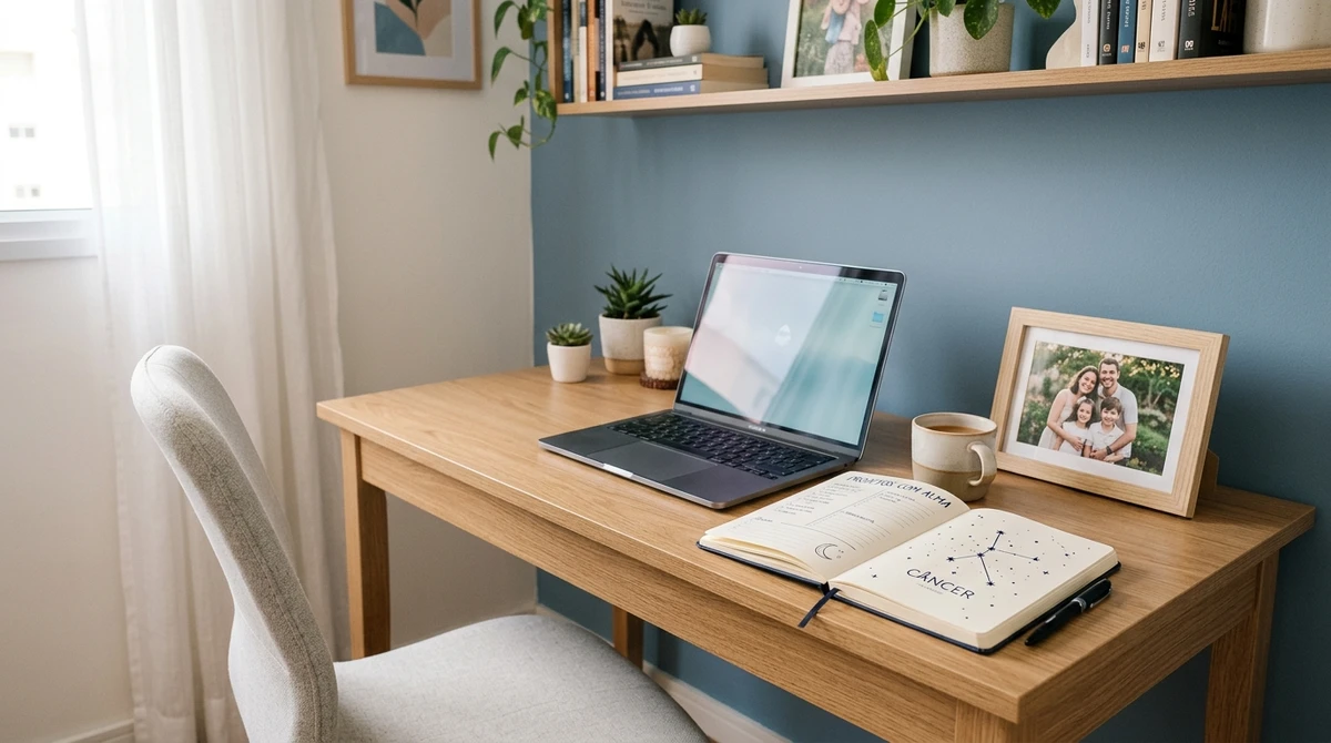 O Ambiente Ideal: um lar longe de casa. O escritório de Câncer é um ambiente acolhedor e pessoal, onde ele se sente seguro e confortável para trabalhar. por Imagem gerada por IA