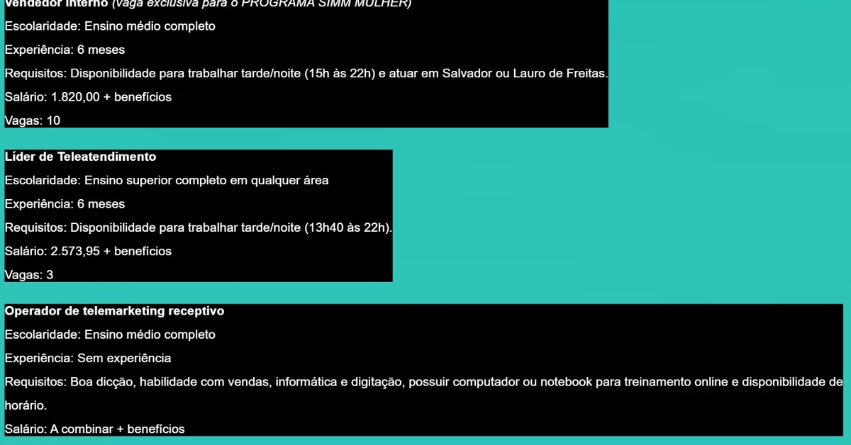 Salvador tem 302 vagas de emprego com salários de até R$ 4,1 mil nesta quarta (20) por Simm