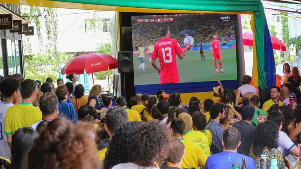 Multidão colorida vibra com a partida na TV.