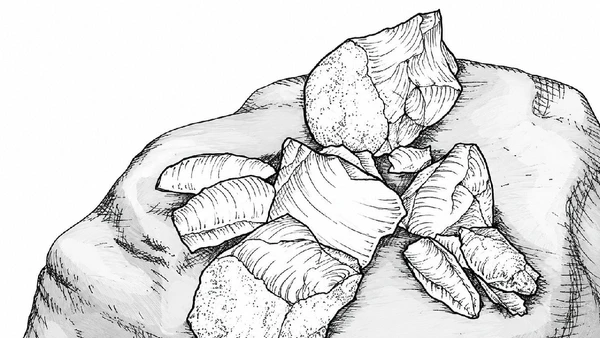 Desenho idealizado do conjunto lítico repousando sobre a pedra de bigorna (bloco rochoso), produzido por Jenny Cohen por Divulgação / Artigo / Journal of Archaeological Science: Reports
