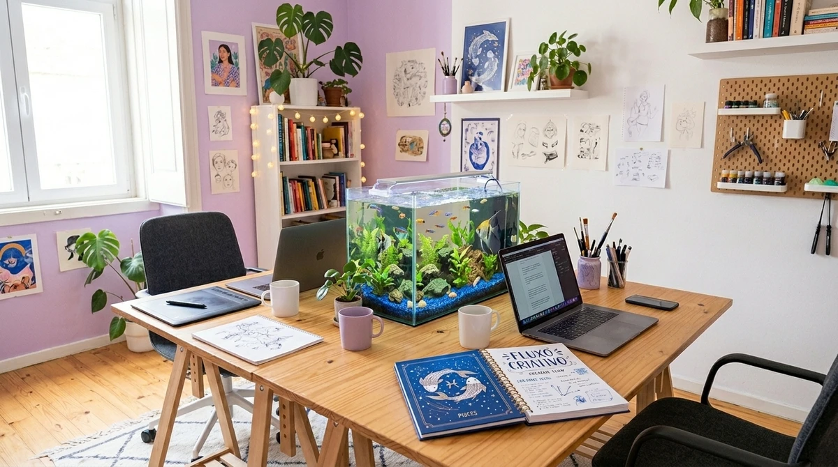 O Ambiente Ideal: o fluxo das ideias criativas. O escritório de Peixes é um ambiente artístico e inspirador, propício para a criatividade e a inovação. por Imagem gerada por IA