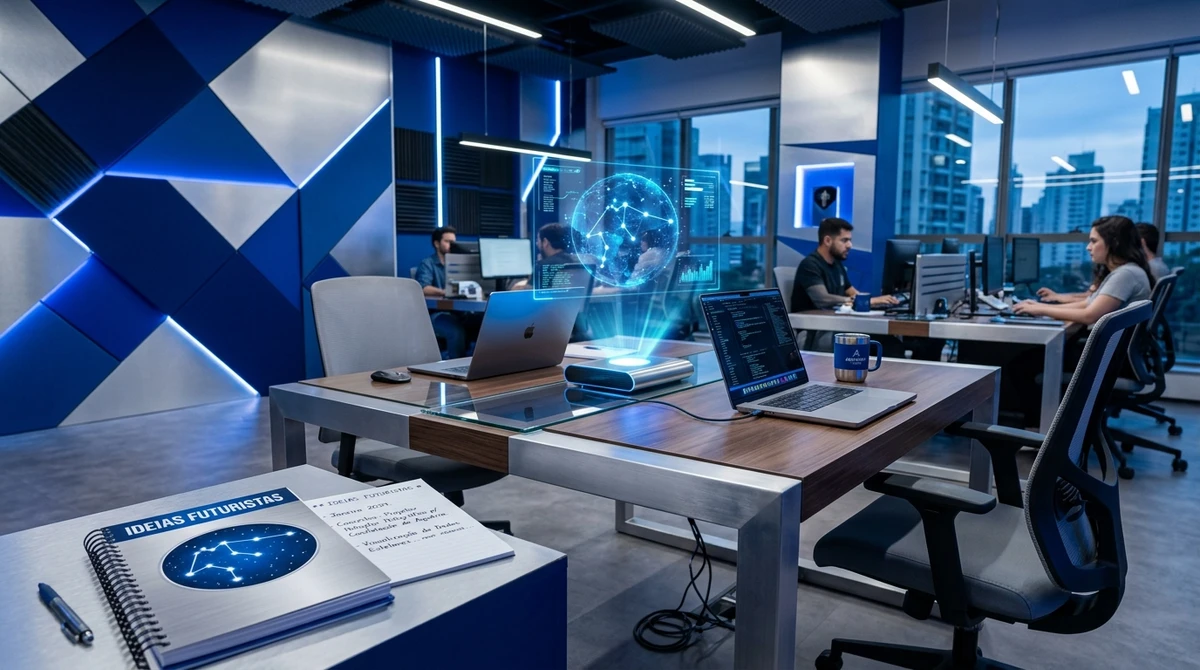O Ambiente Ideal: o futuro das ideias. O escritório de Aquário é um ambiente tecnológico e futurista, propício para a criatividade e a inovação. por Imagem gerada por IA