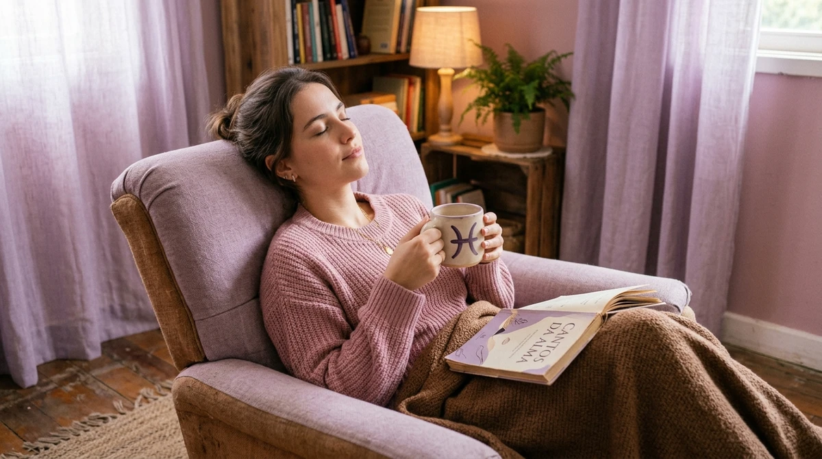O Momento de Descanso: nutrindo o equilíbrio emocional. O descanso de Peixes é um momento de relaxamento e reflexão, buscando recarregar as energias mentais e emocionais. por Imagem gerada por IA