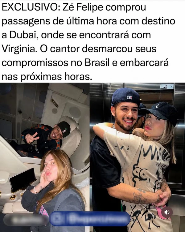 Página afirmou que Zé Felipe se encontraria com Virginia em Dubai