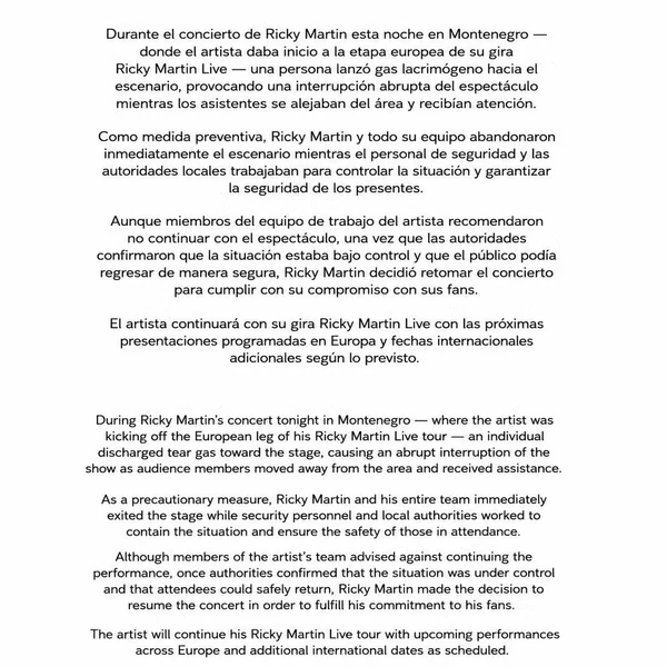 Nota oficial sobre show interrrompido de Ricky Martin por gás lacrimogênio 