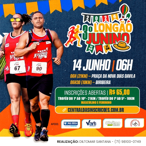 14 de junho: 3º Longão Junino - Dias D'Ávila. Saída: Praça da Nova Dias D’Ávila (21km) e Biribeira (10km), às 6h. Mais informações em: https://www.centraldasinscricoes.com.br/evento/3-longao-junino por Reprodução