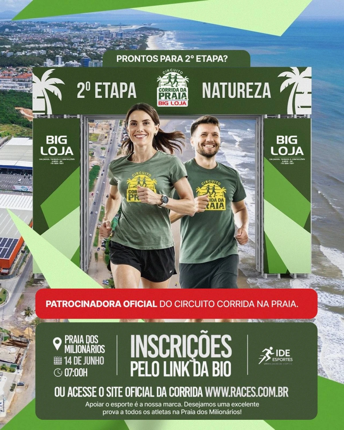 14 de junho: Circuito Corrida da Praia 2ª Etapa - Ilhéus. Largada: Praia dos Milionários, às 19h. Mais informações em: https://www.races.com.br/2a-etapa-do-circuito-corrida-da-praia-ilheus-ba-2026 por Reprodução