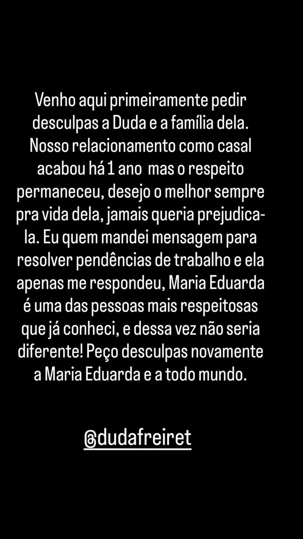 João Victor Cocá pede desculpas à Duda Freire