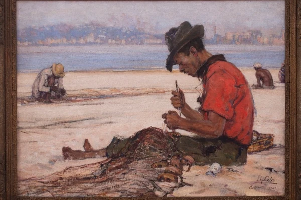 Obra: consertando a rede, óleo sobre tela, de Raimundo Cela (1947)