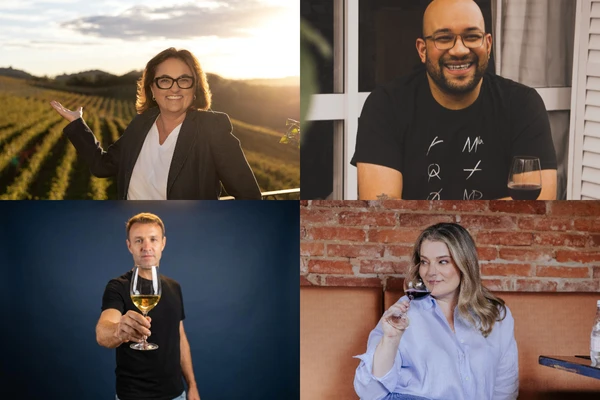 Quatro especialistas compartilharam visões e apostas para o mercado do vinho: Lucinara, Vinicius, Keli e Diego, em sentido horário