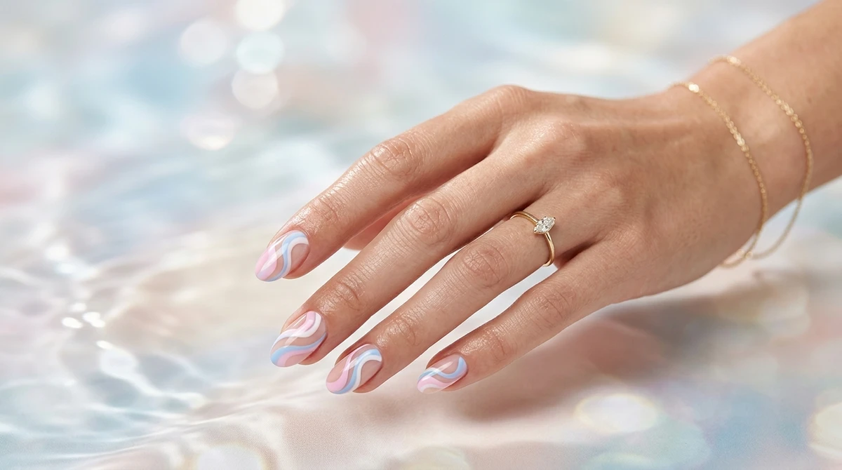 Câncer (nail art abstrata em ondas): Delicada e fluida. Uma mistura suave de rosa claro, azul e branco que traz o romantismo e o acolhimento do signo em uma estética super atual por Imagem gerada por IA