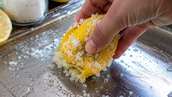 Casca de limão com sal grosso pode ajudar a remover gordura, manchas e odores de superfícies usadas na cozinha