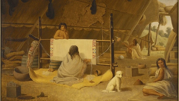 Ilustração com antigos Salish tecendo tapete cerimonial