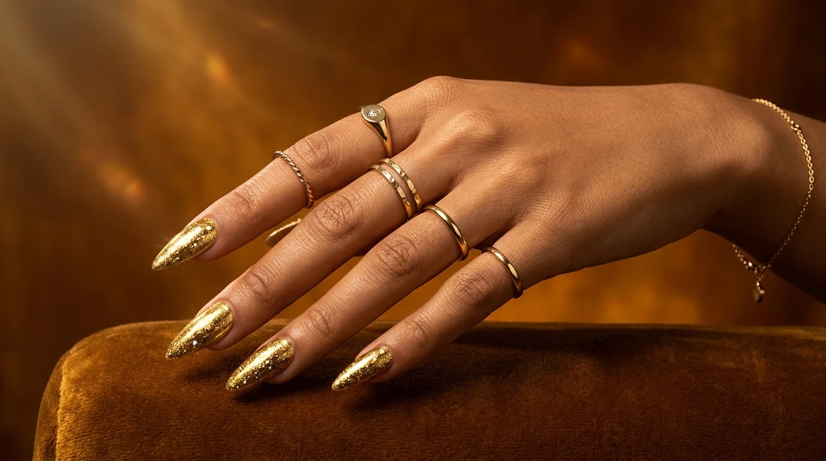 Leão (dourado metalizado ou glitter flocado): Marcante, luxuoso e feito para brilhar. Uma nail art que não passa despercebida de jeito nenhum por Imagem gerada por IA