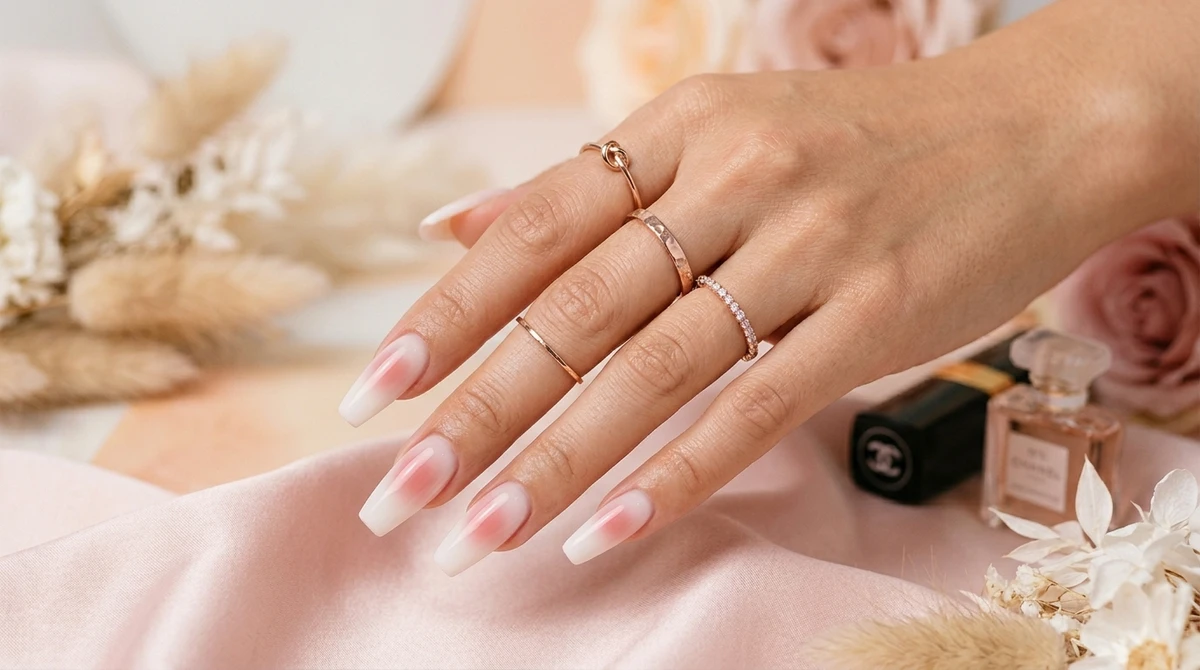 Libra (rosa quartzo com "aura nails" esfumada): Estética pura, equilibrada e altamente harmônica, unindo suavidade e tendência de moda por Imagem gerada por IA