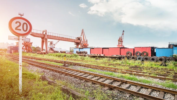 Contêineres próximos aos trilhos ajudam a representar a integração entre ferrovia, exportação e transporte de cargas por Freepik