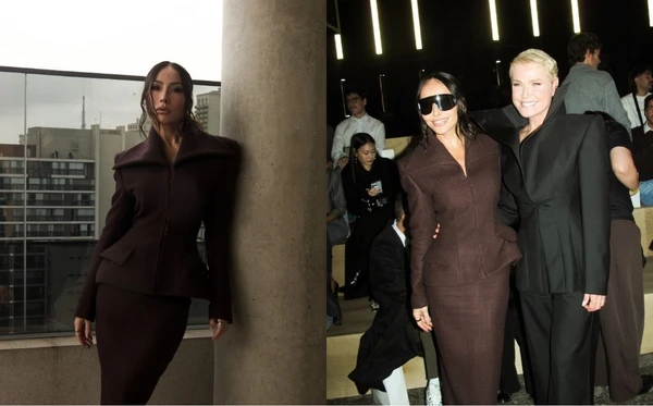 Sabrina Sato apostou em look estruturado em tom vinho para desfile da marca de Sasha Meneghel em São Paulo.