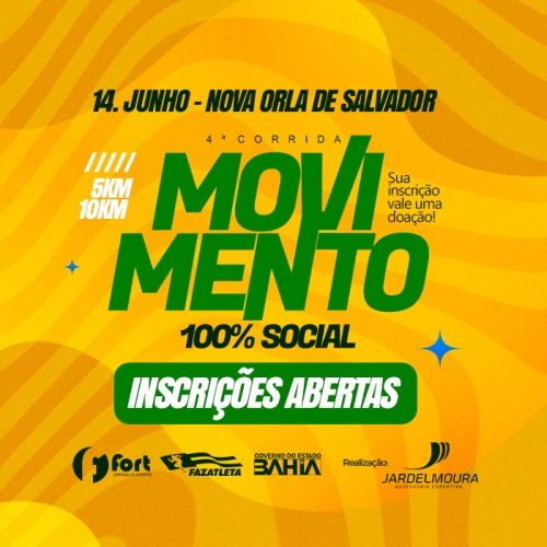 14 de junho: Corrida Movimento - Salvador. Largada na Praça Osório Villas Boas (antiga sede de praia do Bahia), na nova Orla de Salvador, às 6h30. Mais informações em: https://www.corridasjardelmoura.com.br/evento/4-corrida-movimento por Reprodução
