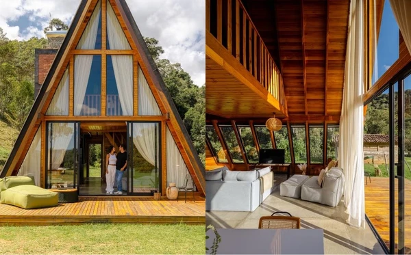 Cabana de Yanna e Bruno aposta em arquitetura de vidro, sauna a lenha e vista 