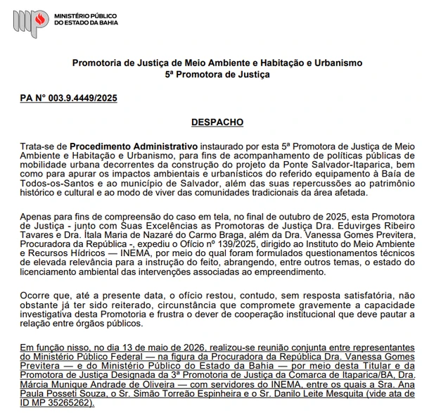 Questionamentos do MP sobre a ponte Salvador-Itaparica por Reprodução