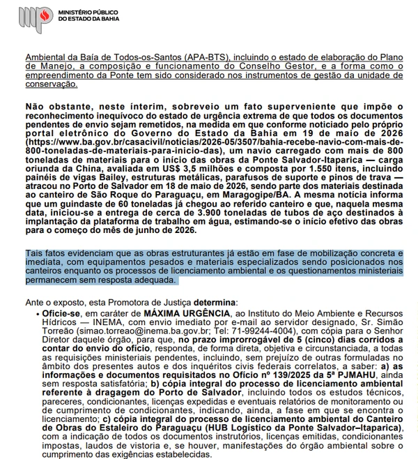 Questionamentos do MP sobre a ponte Salvador-Itaparica por Reprodução