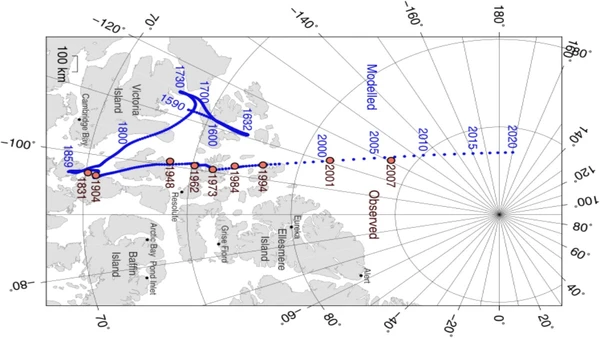 Mapa registra posições observadas do polo norte magnético entre 1831 e 2007 por Cavit / Wikimedia Commons