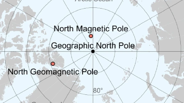 Polos magnéticos não coincidem exatamente com os polos geográficos usados nos mapas por Wikimedia Commons