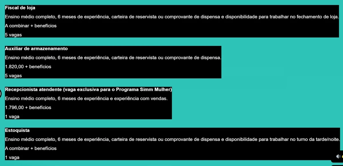 Simm oferece 305 vagas de emprego com salários de até R$ 5,2 mil nesta segunda-feira (1º) por Reprodução 