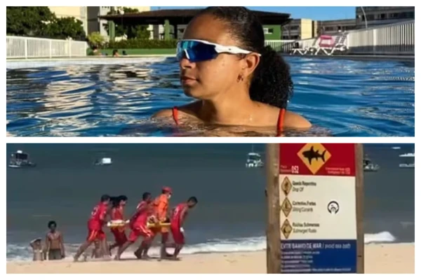 Marcela, estudante de direito, atacada por tubarão na praia de Boa Viagem; embaixo, registro do resgate de menino de 11 anos na Praia de Piedade