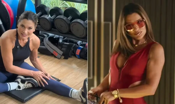 Braços de Flávia Alessandra estão chamando a atenção em 'Quem Ama Cuida' por Reprodução/Instagram e Reprodução/Globo