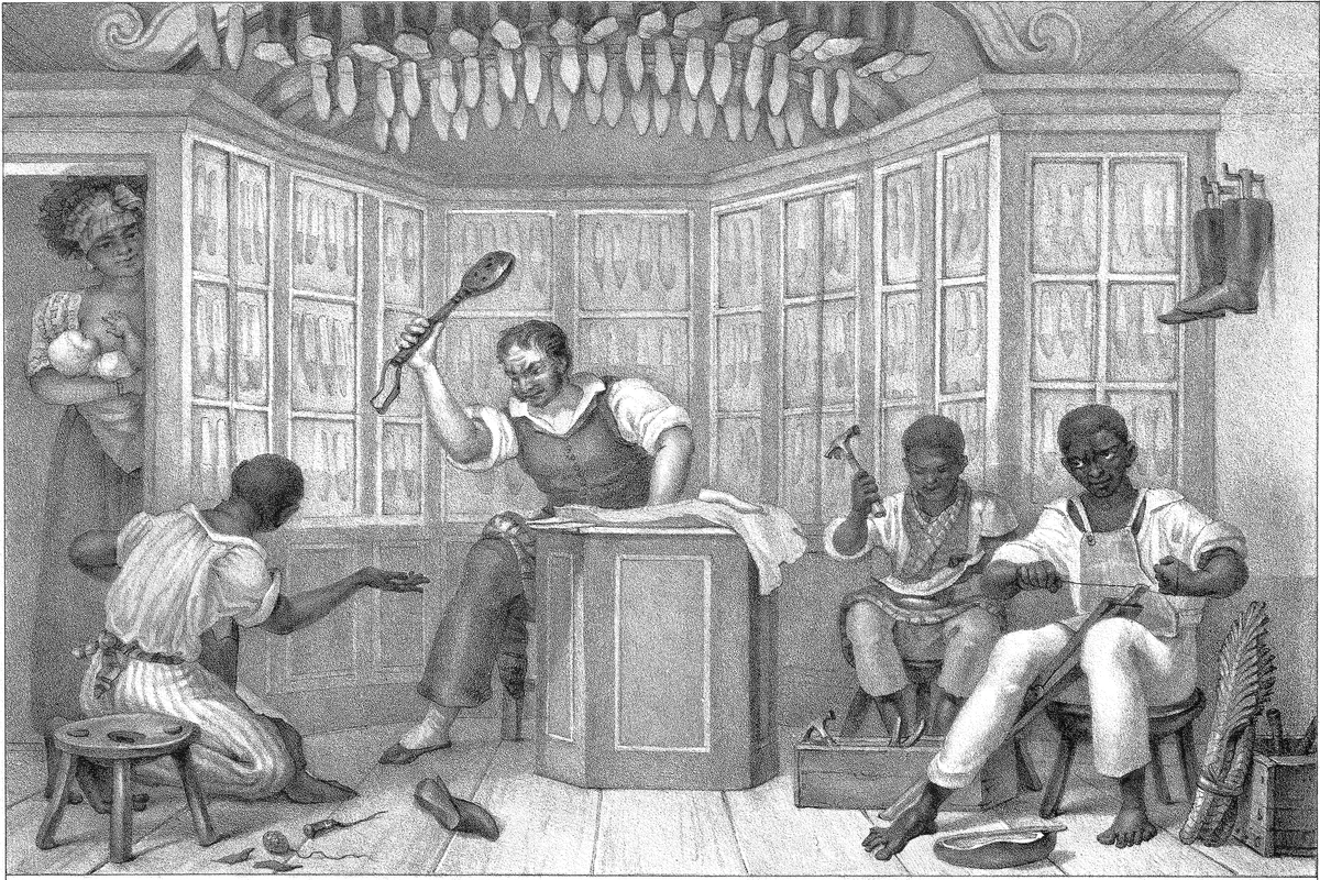 Debret, proprietário de uma loja de sapatos e seus escravizados sapateiros, década 1820 por Divulgação