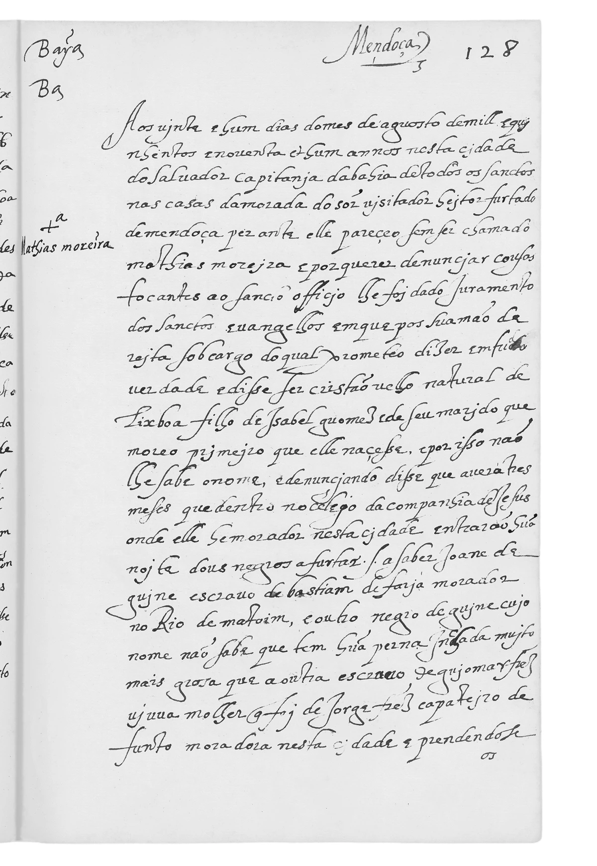 Livro primeiro de denuncias da Primeira Visitação do Santo Oficio ao Brasil por Heitor Furtado de Mendonca, f. 128 por Divulgação